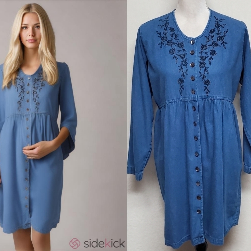 90s Vintage Motherhood Maternity Chambray Black Floral Embroidered Mini Dress M